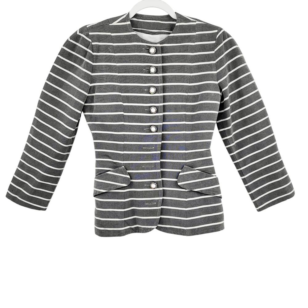 Vintage Victor Costa Gray & White Striped Blazer Crafted in USA Womens S Formal